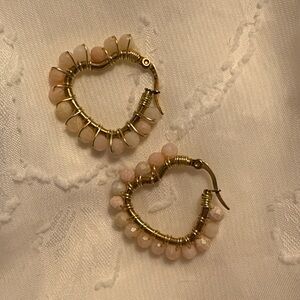 Gold and Pink Beaded Hoop Earrings